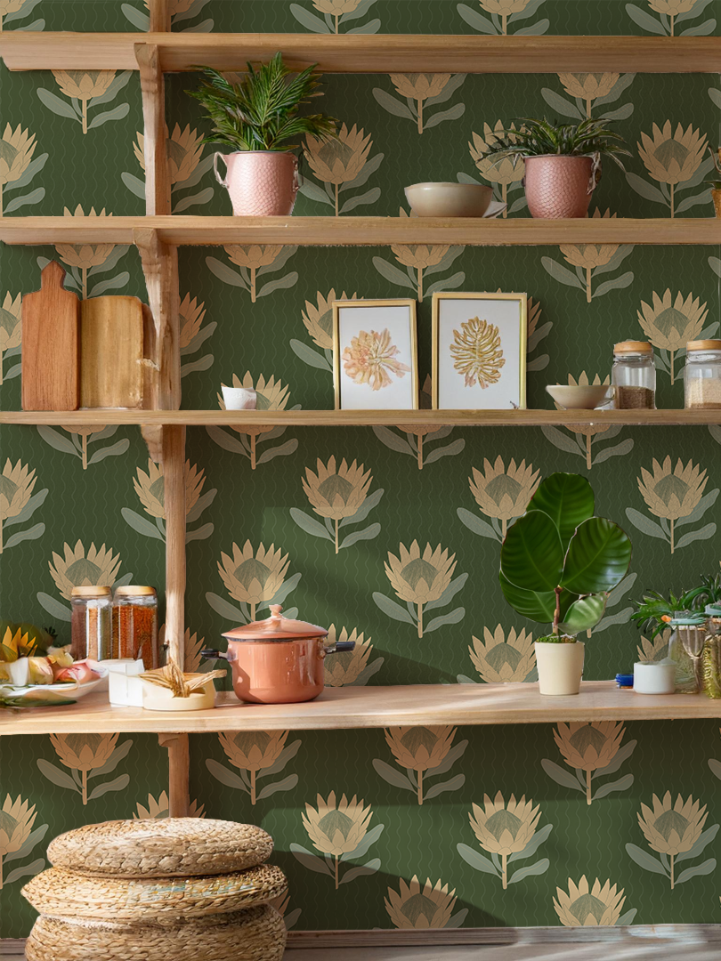 King Protea Wallpaper, forest green and butter yellow-zoom-8