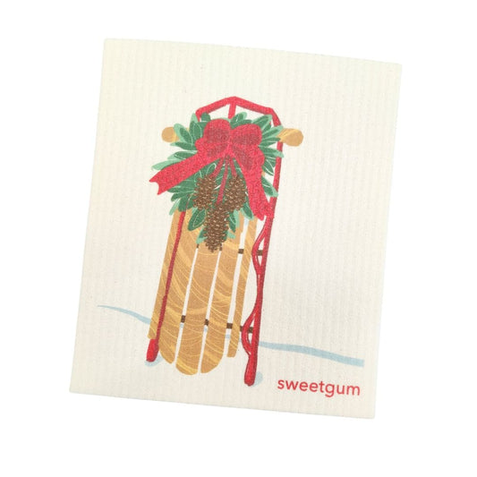 Sled with Red Bow & Pinecone Swag | Christmas & Winter Swedish Dishcloth