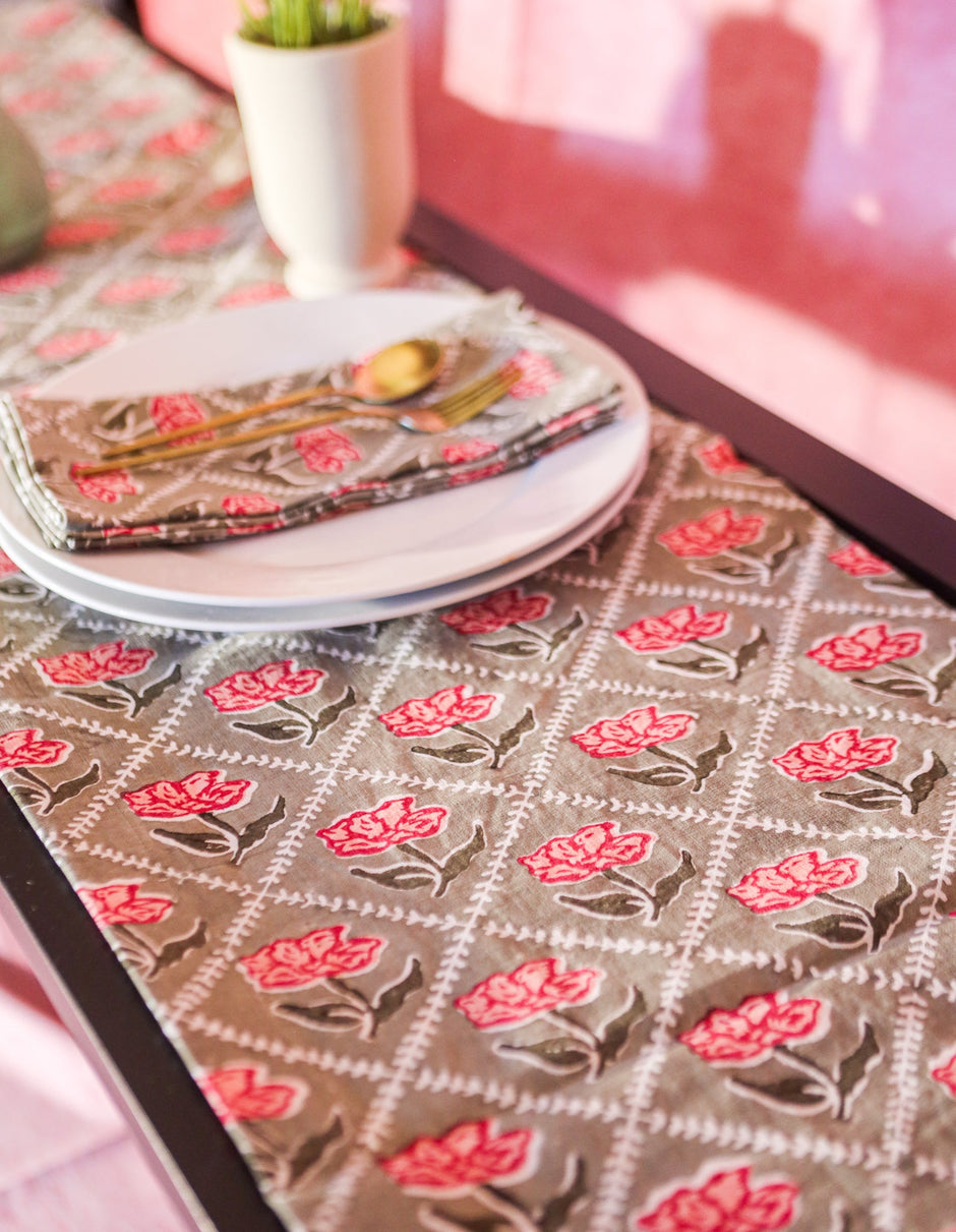 Noor Hand-Printed Linen Table Runner – Olive & Pink