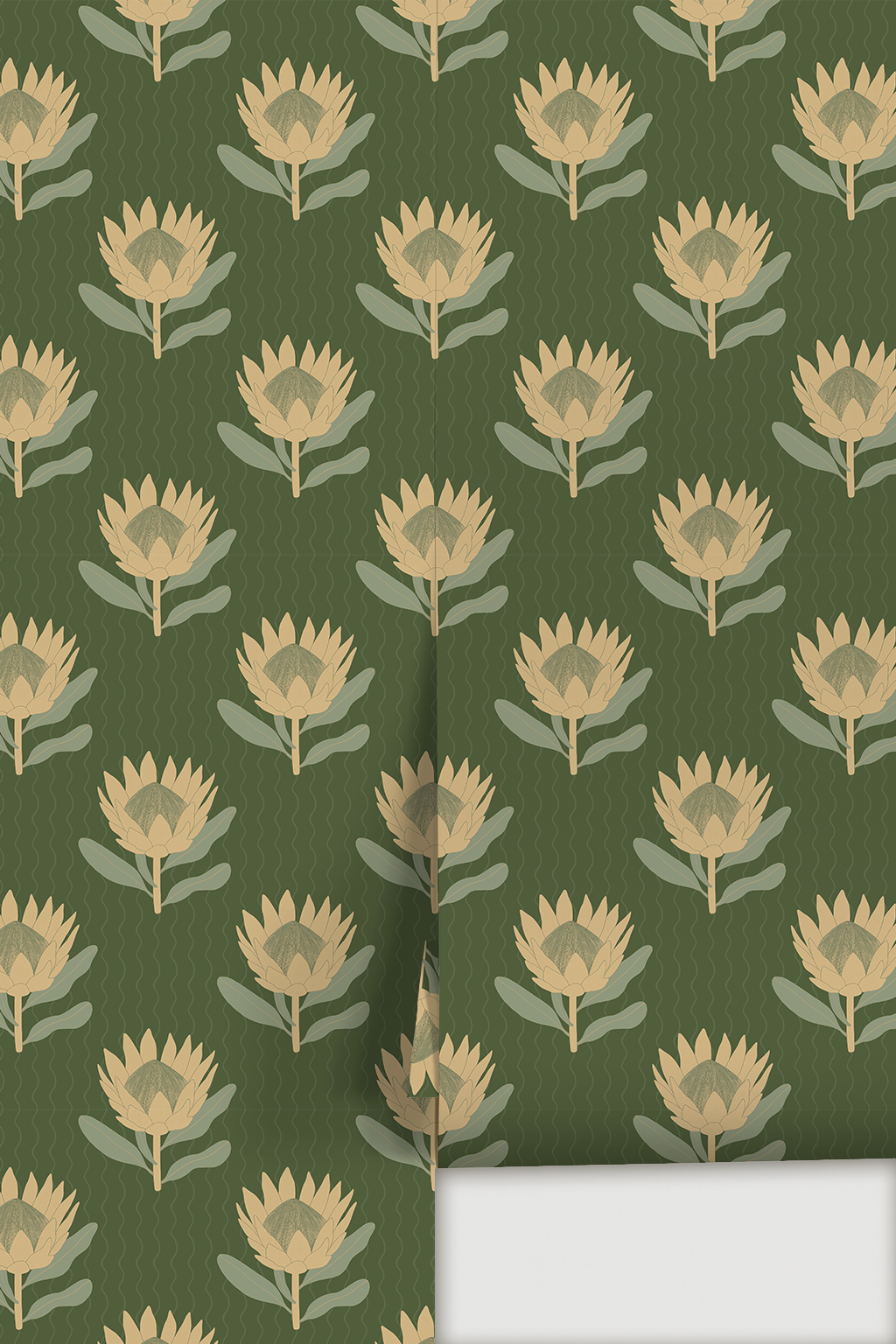 King Protea Wallpaper, forest green and butter yellow-2