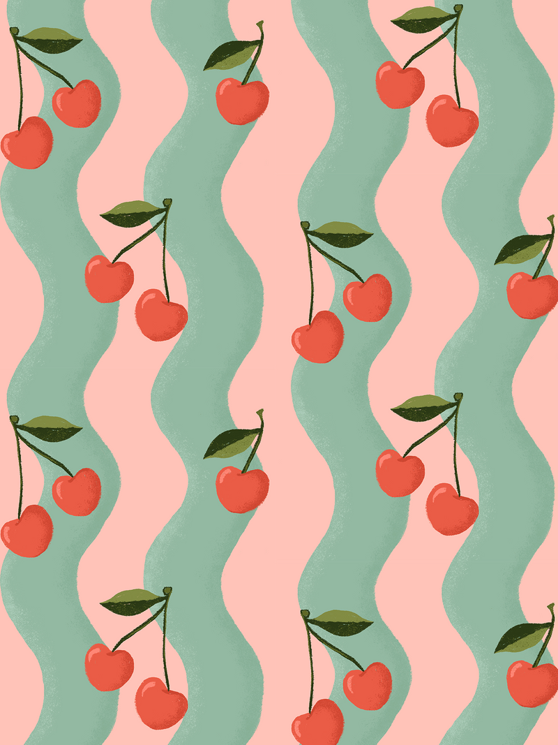 Wavy Cherry Wallpaper, pink and teal-zoom-