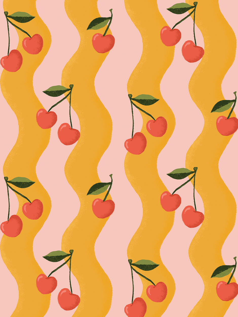 Wavy Cherry Wallpaper, pink and yellow - Aware House - Samantha Santana Creative -